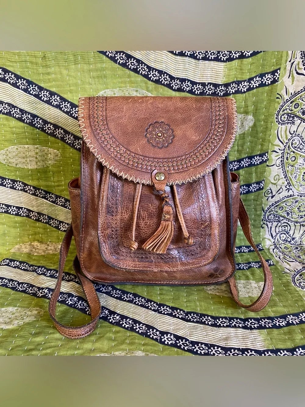 Patricia Nash Distressed Cognac Jovanna Embossed Leather Backpack Western Boho
